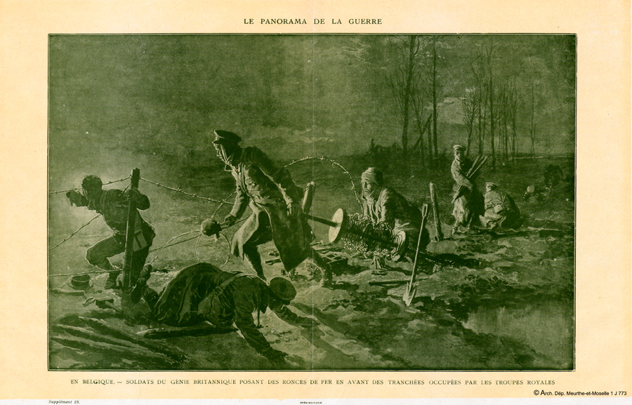 En Belgique - Soldats du génie britannique posant des ronces de fer en avant des tranchées occupées par les troupes royales.