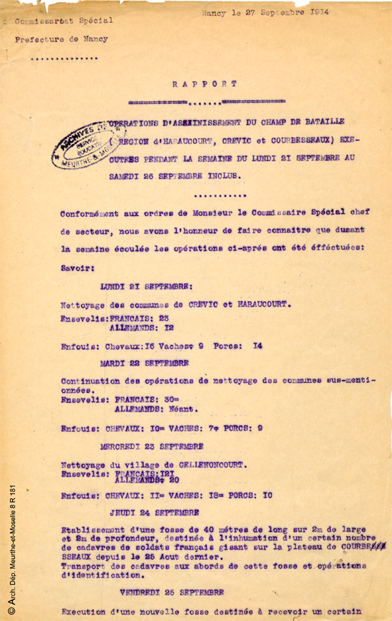 Opération d'assainissement du champ de bataille (région d'Haraucourt, Crévic et Courbesseaux) exécutés pendant la semaine du lundi 21 septembre au samedi 26 septembre inclus.