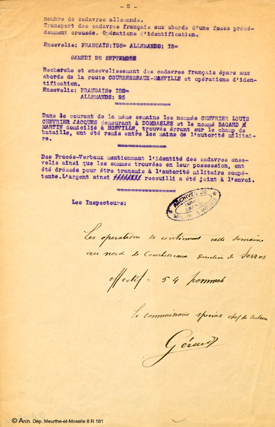 Opération d'assainissement du champ de bataille (région d'Haraucourt, Crévic et Courbesseaux) exécutés pendant la semaine du lundi 21 septembre au samedi 26 septembre inclus.