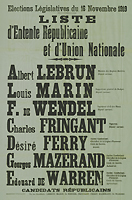 Affiche électorale de la liste d’entente républicaine et d’union nationale aux élections législatives du 16 novembre 1919