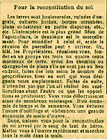 « Pour la reconstitution du sol », Le Journal des sinistrés, 9 avril 1919