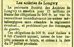 Avis d’émission d’obligation par les Aciéries de Longwy, Le Journal des sinistrés, 26 juin 1919