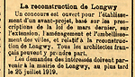 « La reconstruction de Longwy », Le Journal des sinistrés, 17 juillet 1919