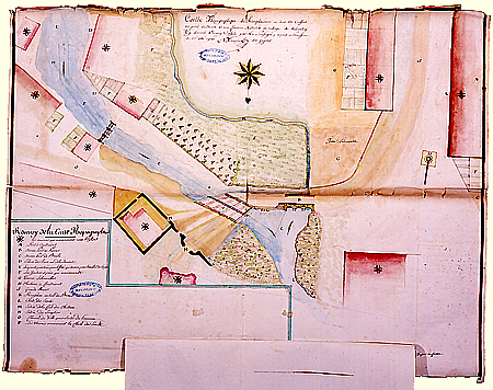Carte topographique de l'emplacement où doit être construit un pont en bois et une fontaine à Clémery, 1780.