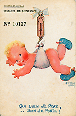 Béatrice Mallet, Qui bien se pèse bien se porte, carte postale pour la Semaine de l’enfance, années 1940.