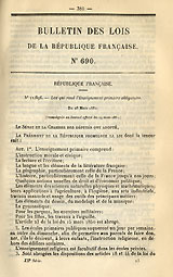 Loi de 1882 sur l’enseignement primaire obligatoire, Bulletin des lois, 28 mars 1882.