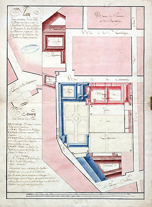 Plan de l’ancien collège, du magasin de la réclusion et du bâtiment national des capucins de Nancy, 8 thermidor an V.