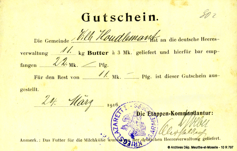 Bon de réquisition allemand. Ville-Houdlémont.