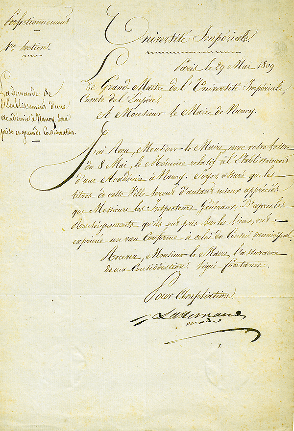 Lettre du Grand Maître de l’Université impériale au maire de Nancy, 29 ...